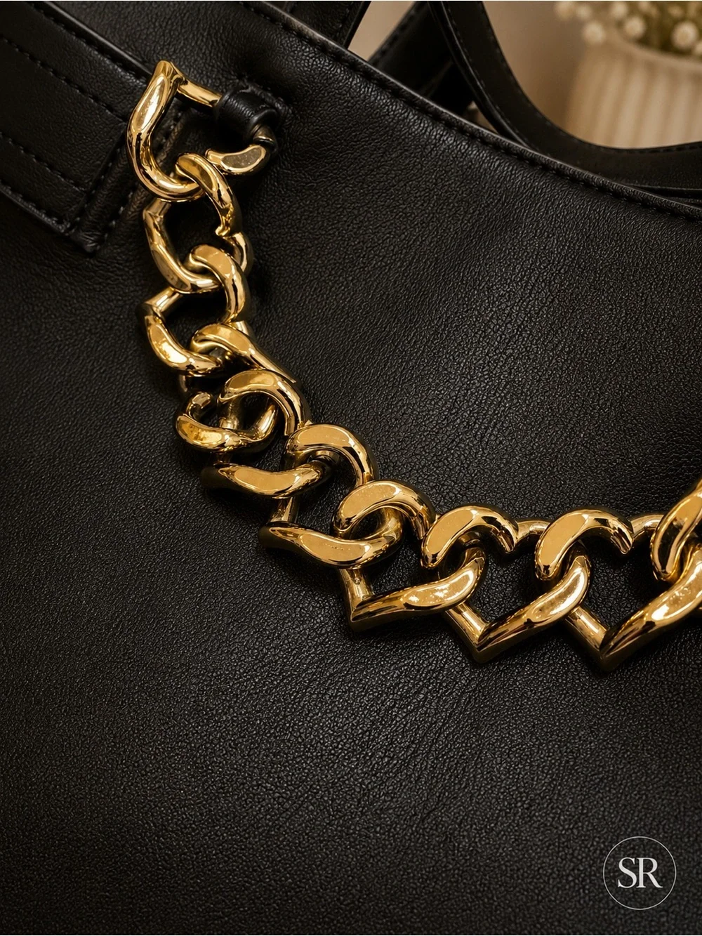 Love Moschino NWOT Black Satchel Crossbody Heart Chain Gold Hardware Dust Bag